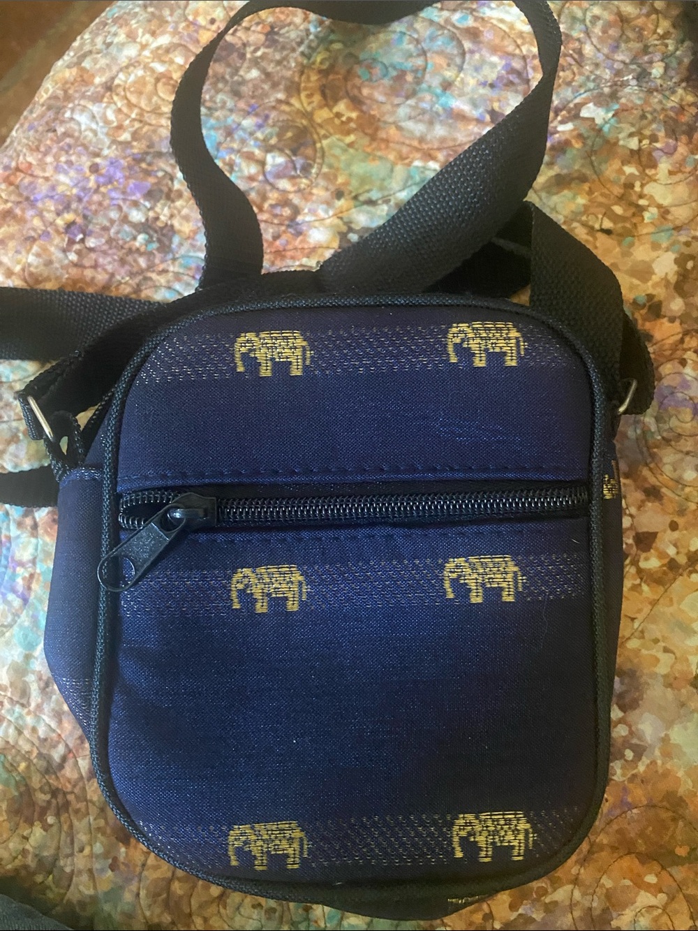 Thai silk Navy Crossbody Bag with Gold Elephant Motif
